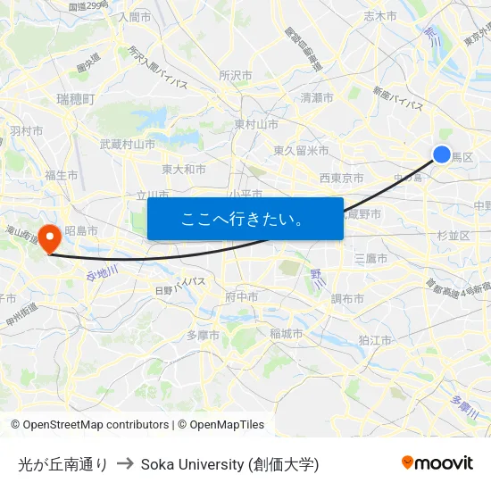 光が丘南通り to Soka University (創価大学) map