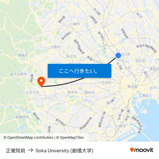 正覚院前 to Soka University (創価大学) map