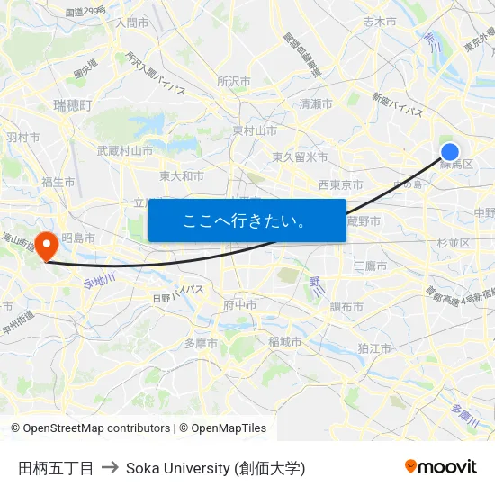 田柄五丁目 to Soka University (創価大学) map
