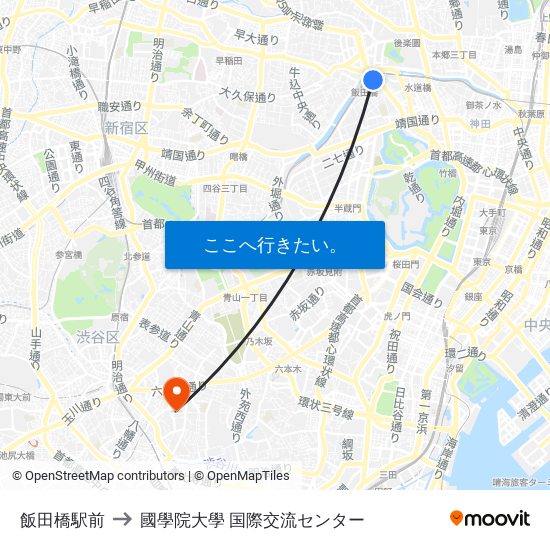 飯田橋駅前 to 國學院大學 国際交流センター map