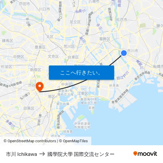 市川 Ichikawa to 國學院大學 国際交流センター map