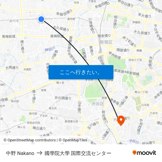 中野 Nakano to 國學院大學 国際交流センター map