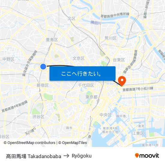 高田馬場 Takadanobaba to Ryōgoku map