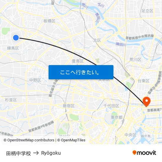 田柄中学校 to Ryōgoku map
