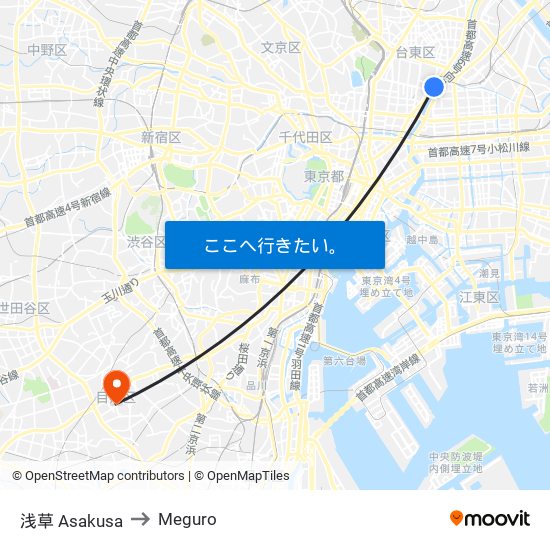 浅草 Asakusa to Meguro map