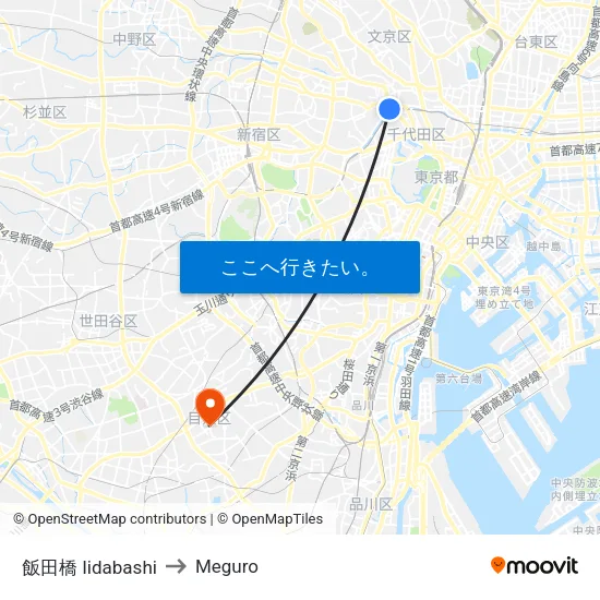 飯田橋 Iidabashi to Meguro map