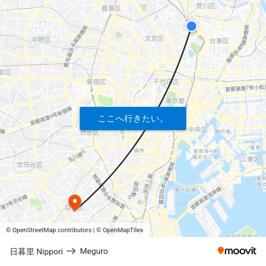 西日暮里 Nishi-Nippori to Meguro map