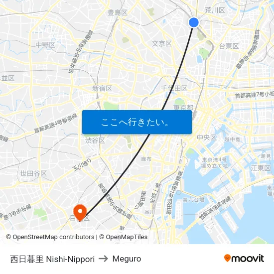 西日暮里 Nishi-Nippori to Meguro map