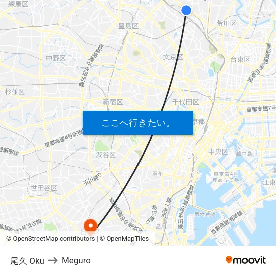 尾久 Oku to Meguro map