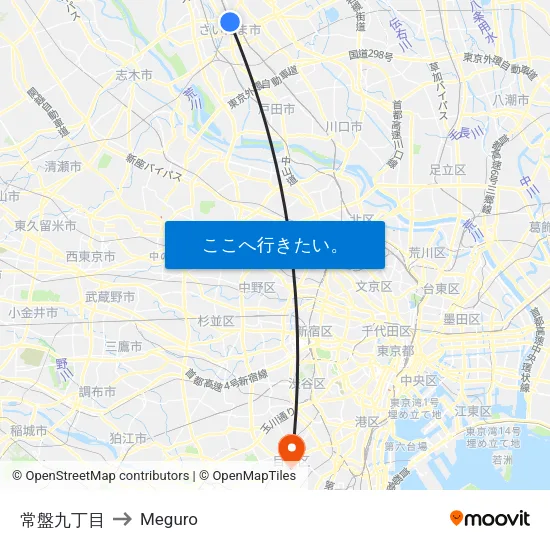 常盤九丁目 to Meguro map