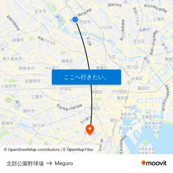 北部公園野球場 to Meguro map