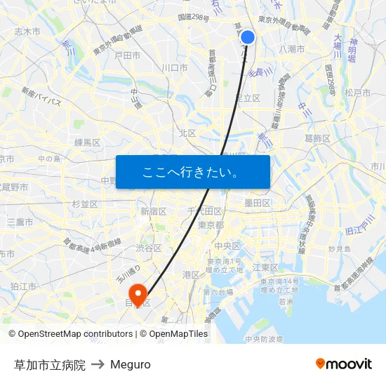 草加市立病院 to Meguro map