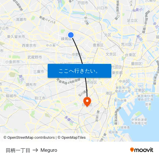 田柄一丁目 to Meguro map