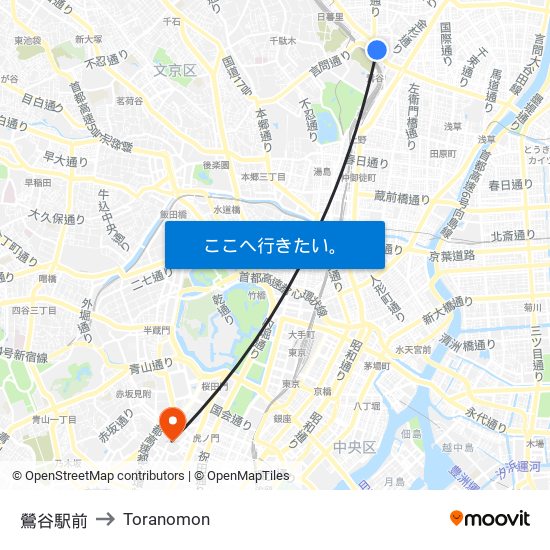 鶯谷駅前 to Toranomon map