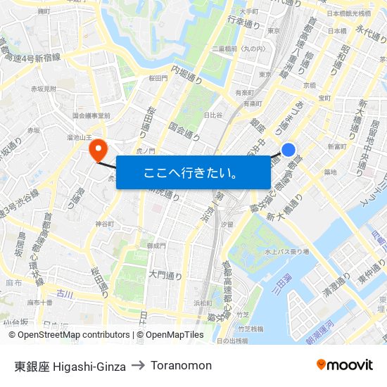 東銀座 Higashi-Ginza to Toranomon map