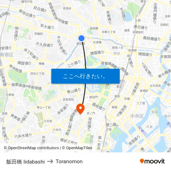飯田橋 Iidabashi to Toranomon map
