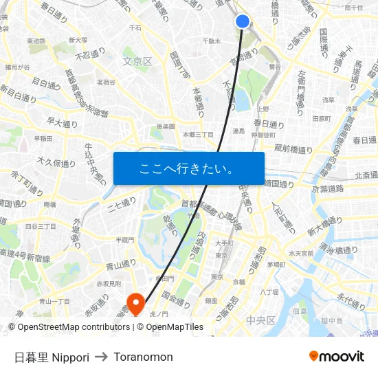 西日暮里 Nishi-Nippori to Toranomon map
