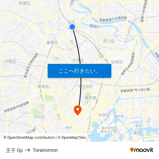 王子 Oji to Toranomon map