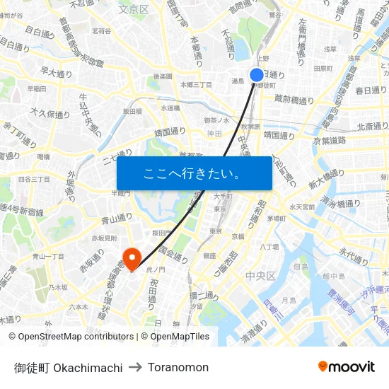 御徒町 Okachimachi to Toranomon map