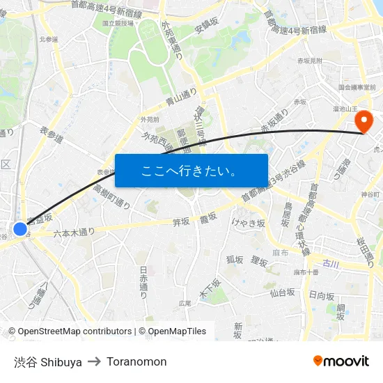 渋谷 Shibuya to Toranomon map