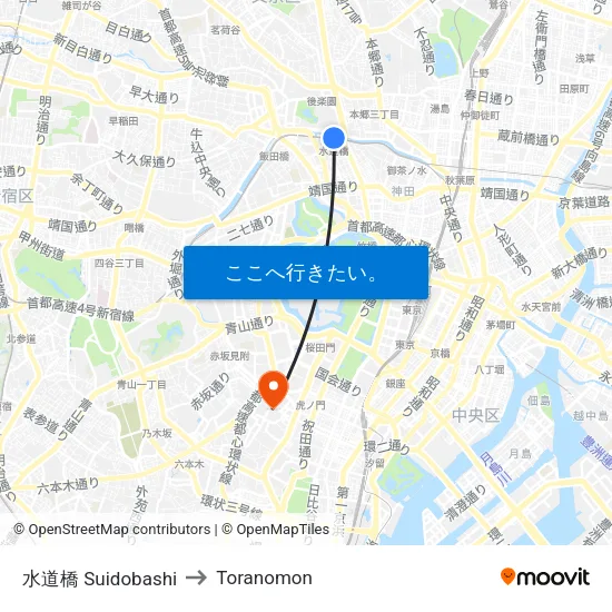水道橋 Suidobashi to Toranomon map