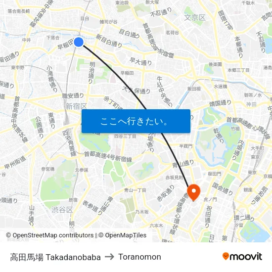高田馬場 Takadanobaba to Toranomon map