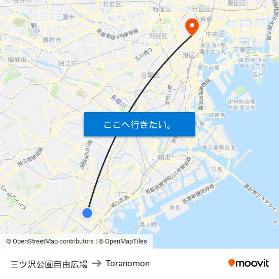 三ツ沢公園自由広場 to Toranomon map