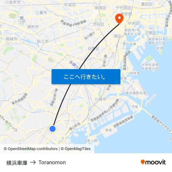 横浜車庫 to Toranomon map