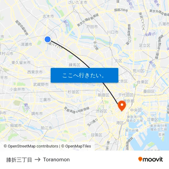 膝折三丁目 to Toranomon map