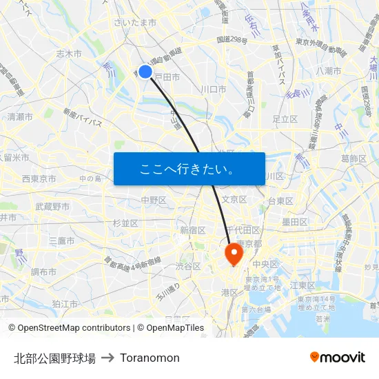 北部公園野球場 to Toranomon map