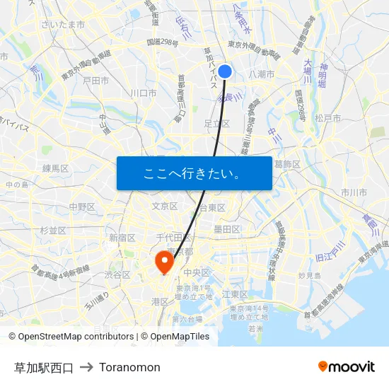 草加駅西口 to Toranomon map