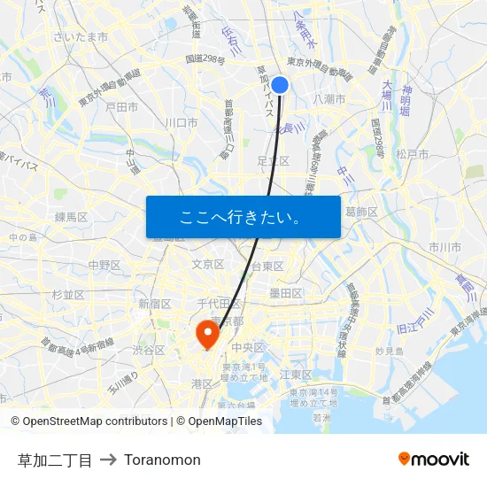 草加二丁目 to Toranomon map