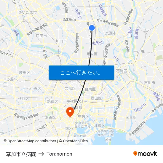 草加市立病院 to Toranomon map