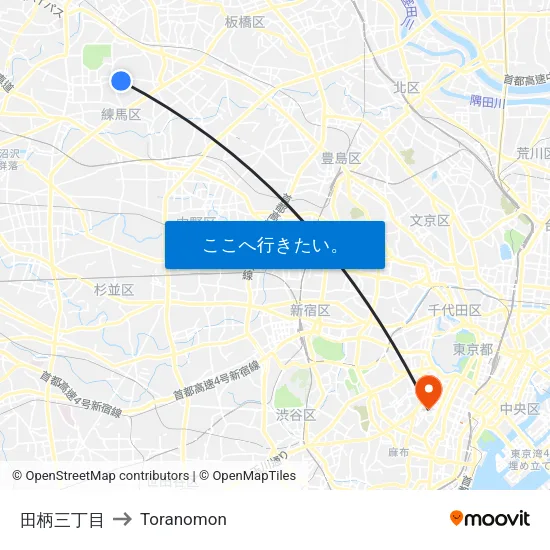 田柄三丁目 to Toranomon map