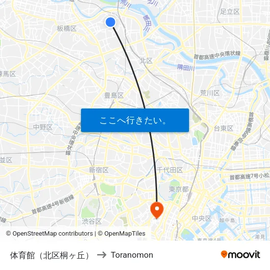 体育館（北区桐ヶ丘） to Toranomon map