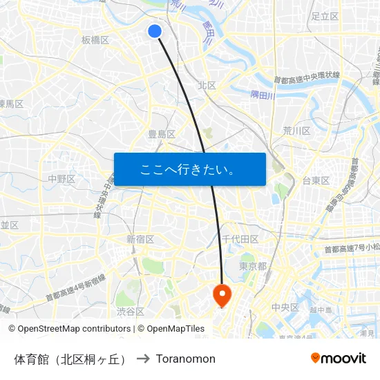 体育館（北区桐ヶ丘） to Toranomon map