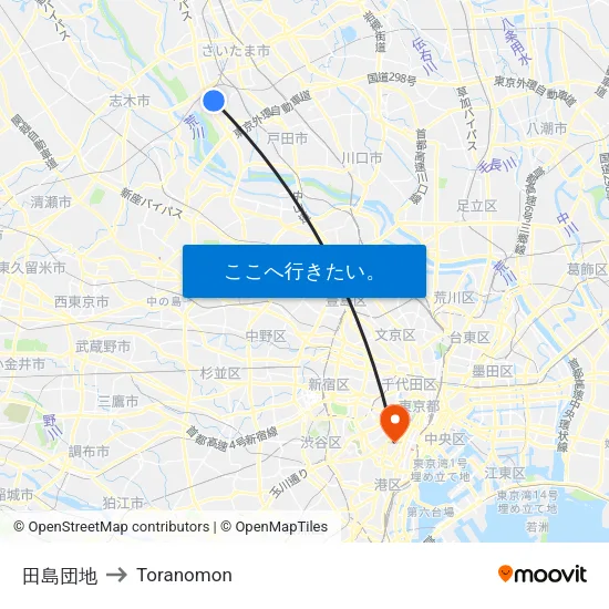 田島団地 to Toranomon map