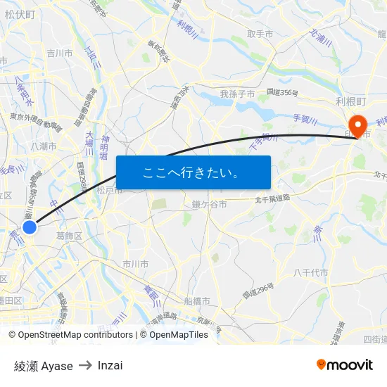 綾瀬 Ayase to Inzai map