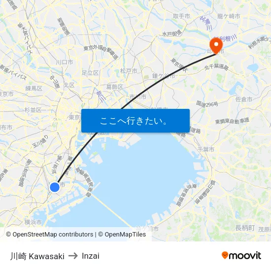 川崎 Kawasaki to Inzai map
