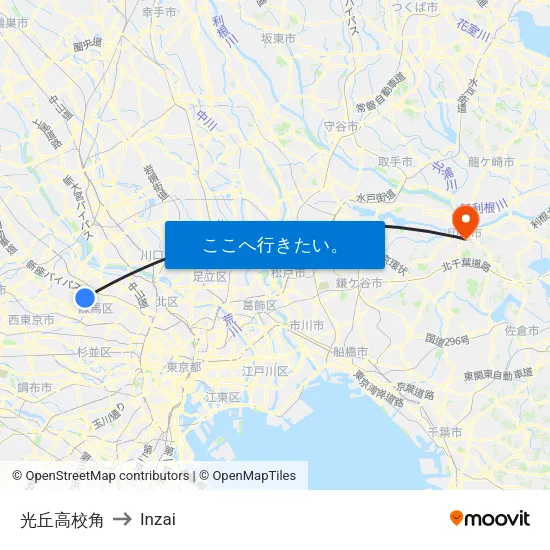 光丘高校角 to Inzai map
