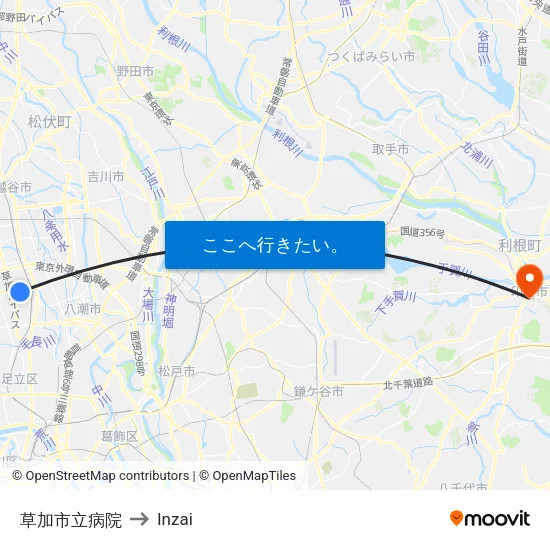 草加市立病院 to Inzai map