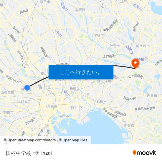 田柄中学校 to Inzai map