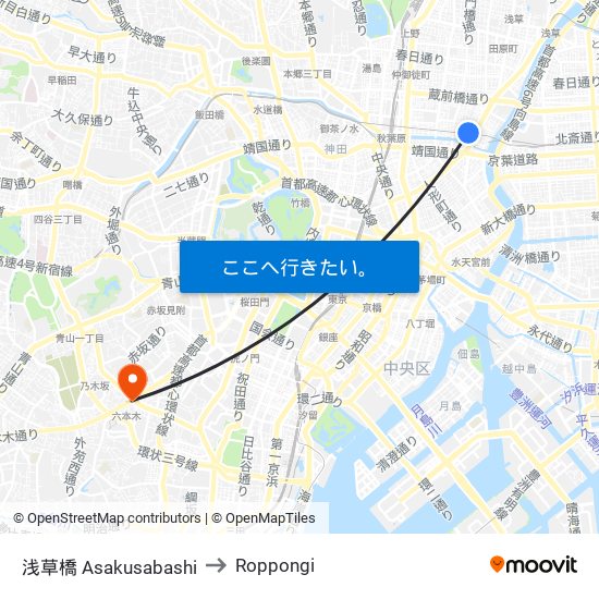 浅草橋 Asakusabashi to Roppongi map