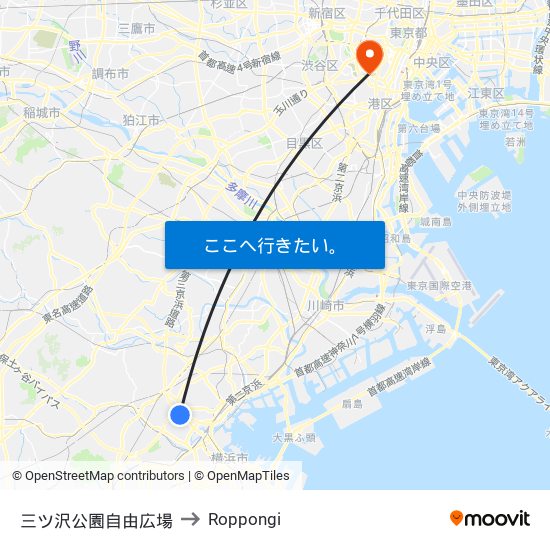 三ツ沢公園自由広場 to Roppongi map