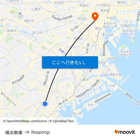 横浜車庫 to Roppongi map