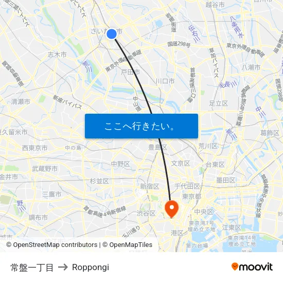 常盤一丁目 to Roppongi map