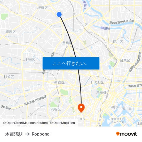 本蓮沼駅 to Roppongi map