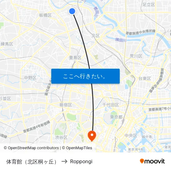 体育館（北区桐ヶ丘） to Roppongi map