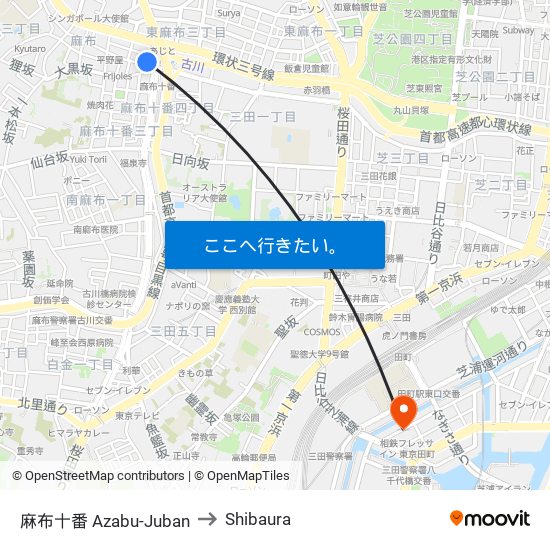 麻布十番 Azabu-Juban to Shibaura map