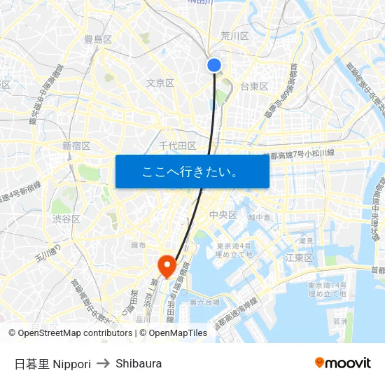 西日暮里 Nishi-Nippori to Shibaura map